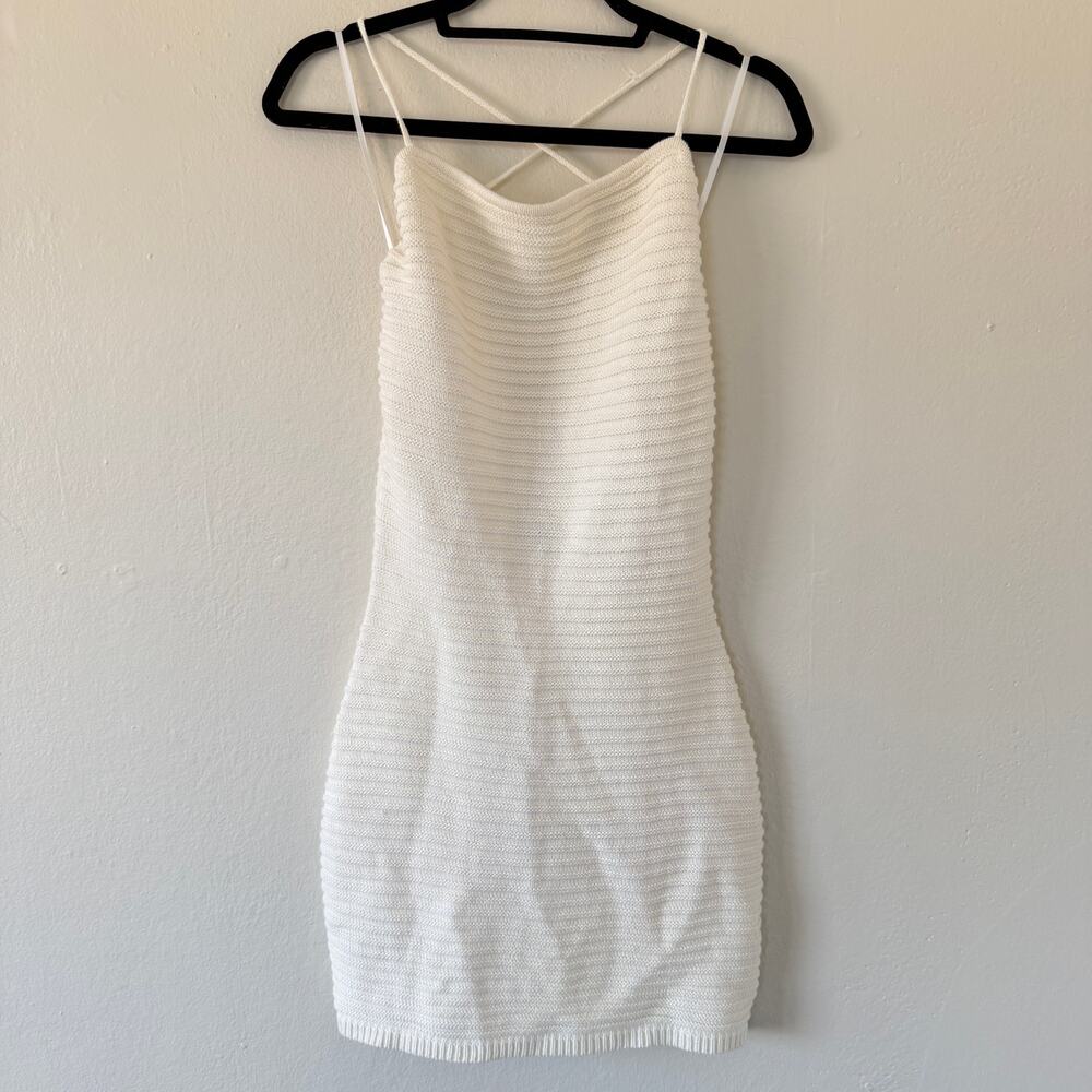 White Fox cream knit open back mini dress
